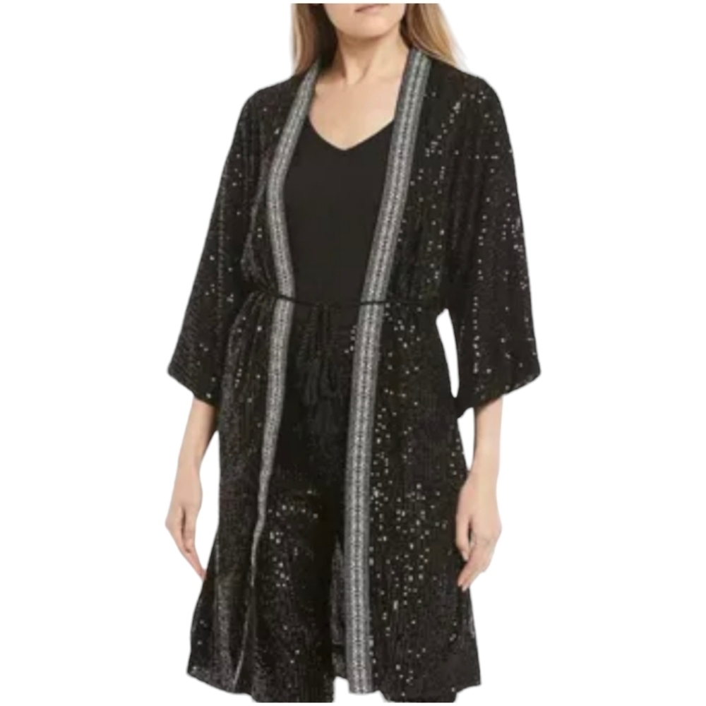 Chelsea & Violet Black Sequin Kimono Jacket Duster Size Medium